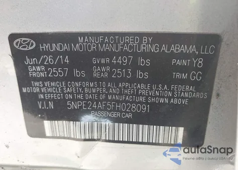 2015 Hyundai Sonata Se z USA, uszkodzony, nr VIN 5NPE24AF5FH028091